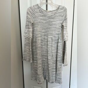 Altar’d State Winter Gray White Dress with Long Bell Sleeves & Lace Detailing S